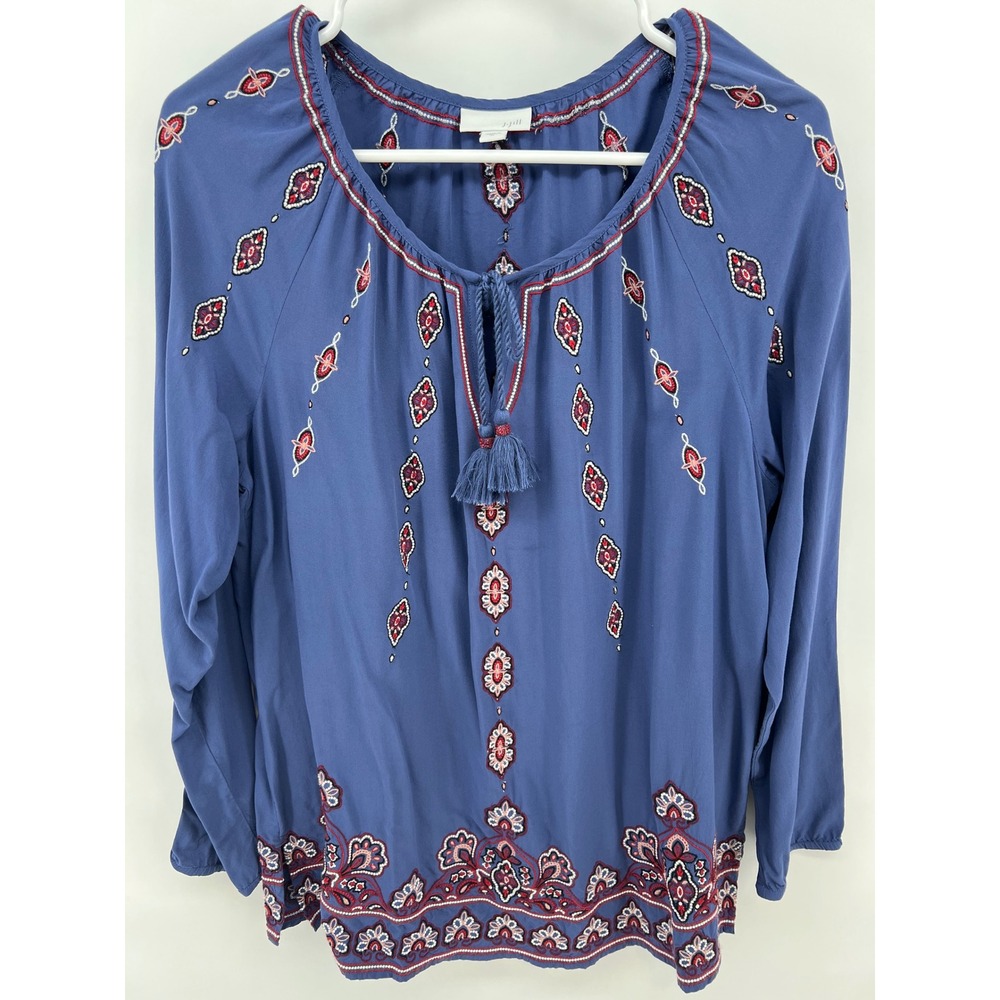 J. Jill Size Medium Peasant Top Long Sleeve Embroidered Blue Blouse Boho Artsy